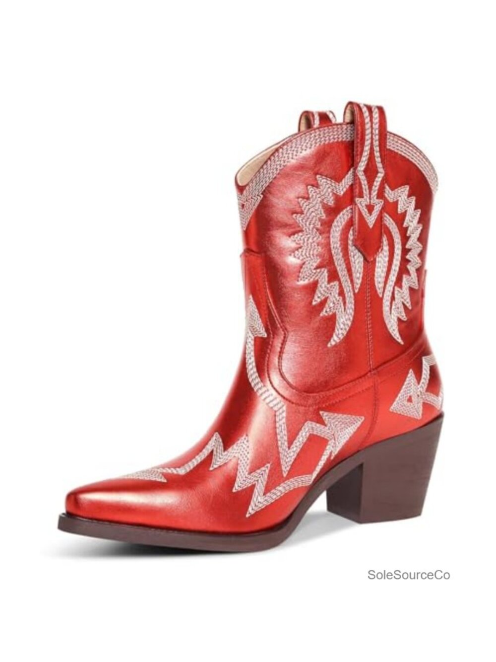 Metallic PU Leather Western Ankle Cowboy Boots Pointed Toe Chunky Heel